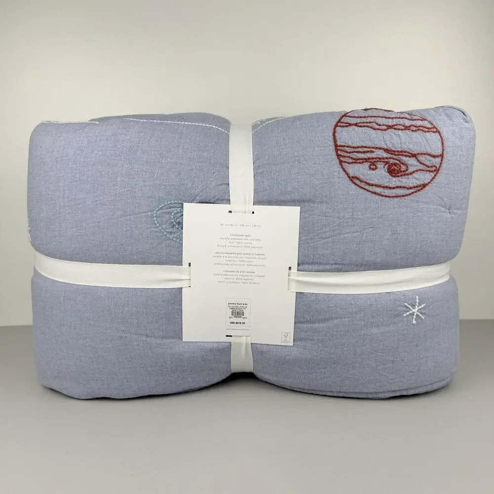 Pottery Barn Kids Space Embroidered Quilt FULL/QUEEN Chambray Blue Stars New